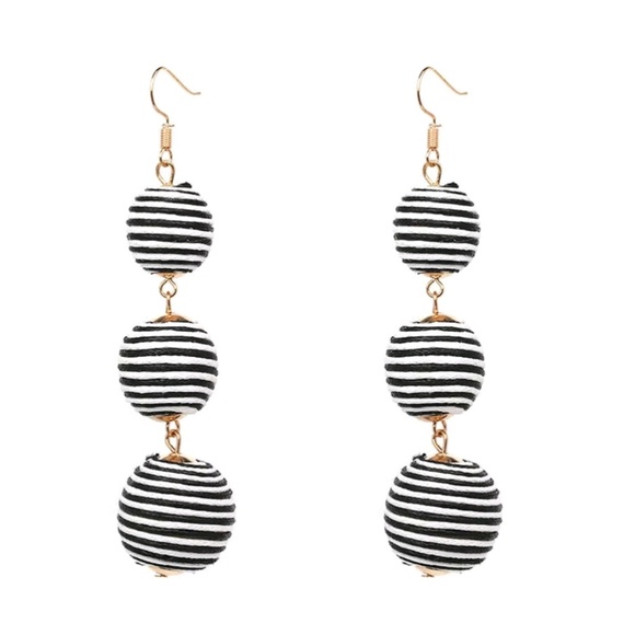 JewelbyJess Jewelry - Bohemian Triple Ball Tassel Earrings Black + White